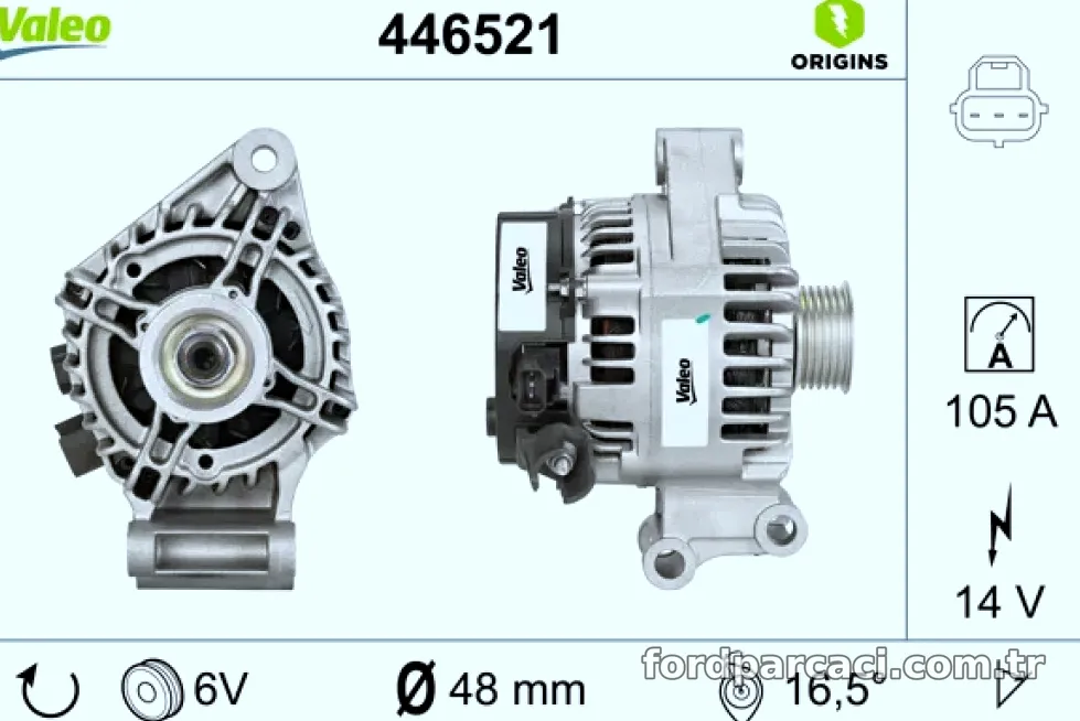 ALTERNATOR 12V (105A) FOCUS 1,6 ZETEC E 16V 100PS 00>04 FIESTA V 01>08 FUSION 01>12 - Valeo - VALEO 446521